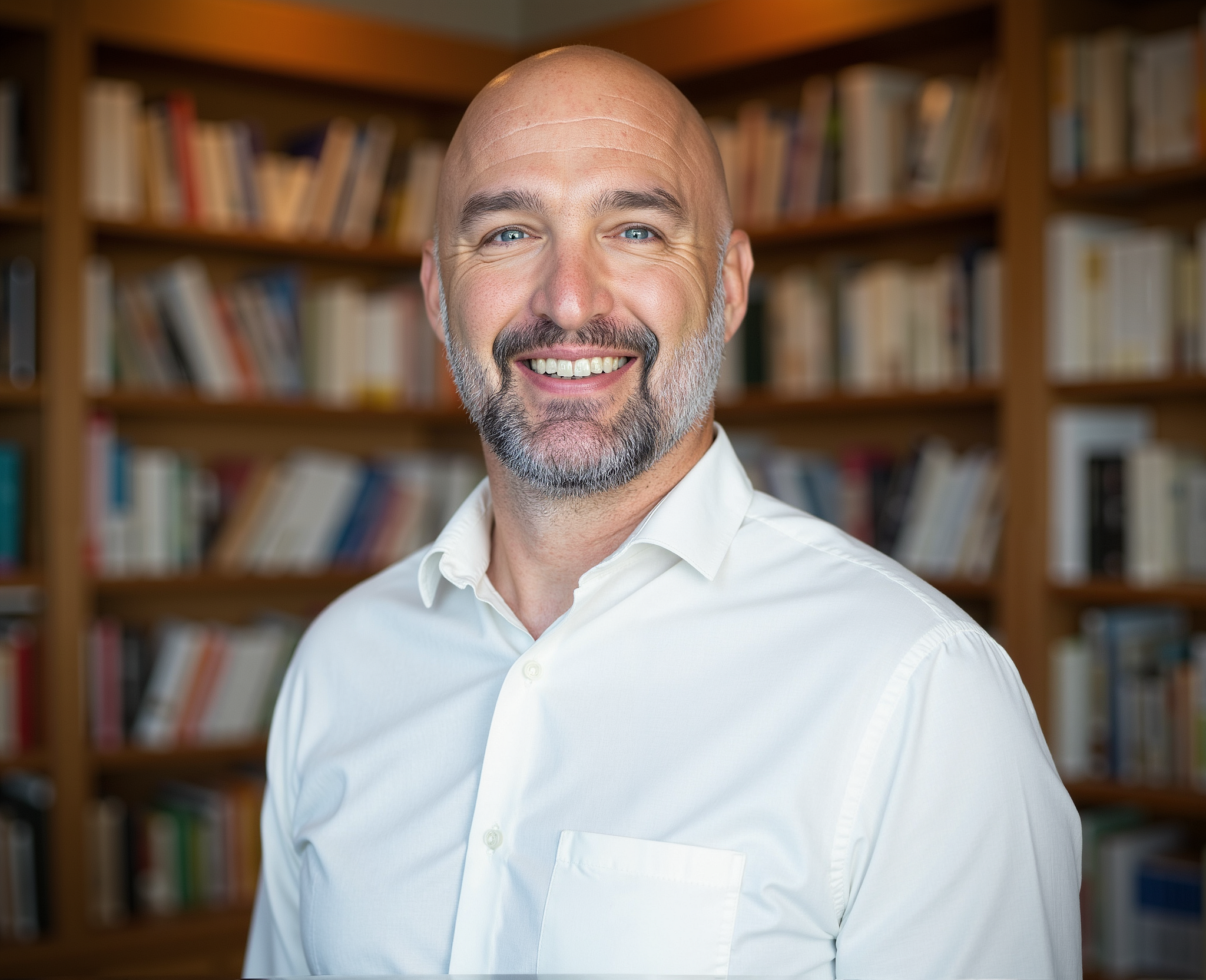 James Kelley smiling in a white shirt with bookshelves behind him